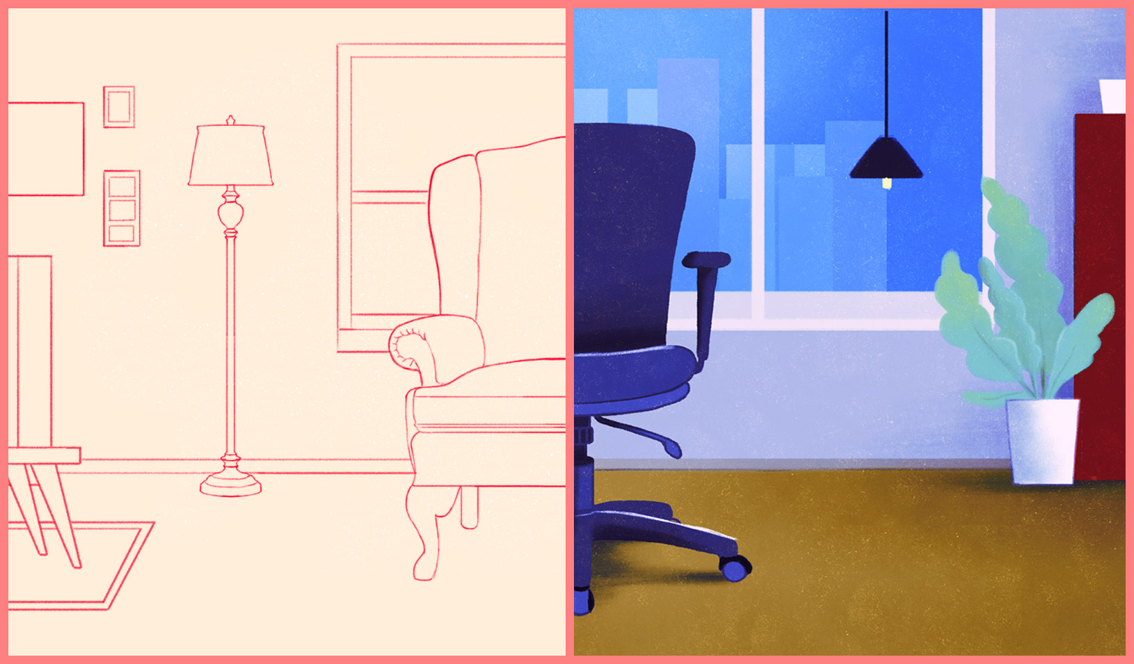 an armchair in an office, beside a full color illustration of an office chair. Credit: Daniel Liévano