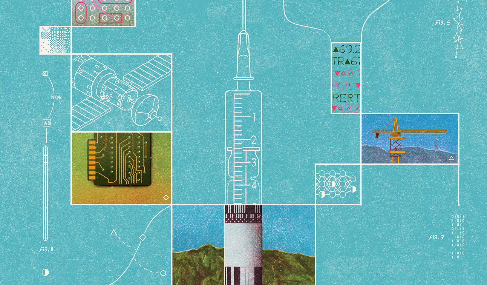 various intersecting graphics: a satellite, a computer chip, a rocket ship and medical needle, a crane, and small detailed diagrams. Daniel Liévano