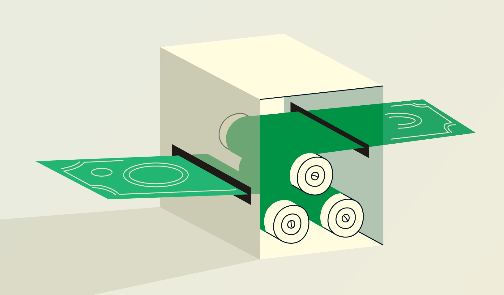 Illustration of dollar bills entering a machine, and exiting on the other side.| Credit: Cory Hall.