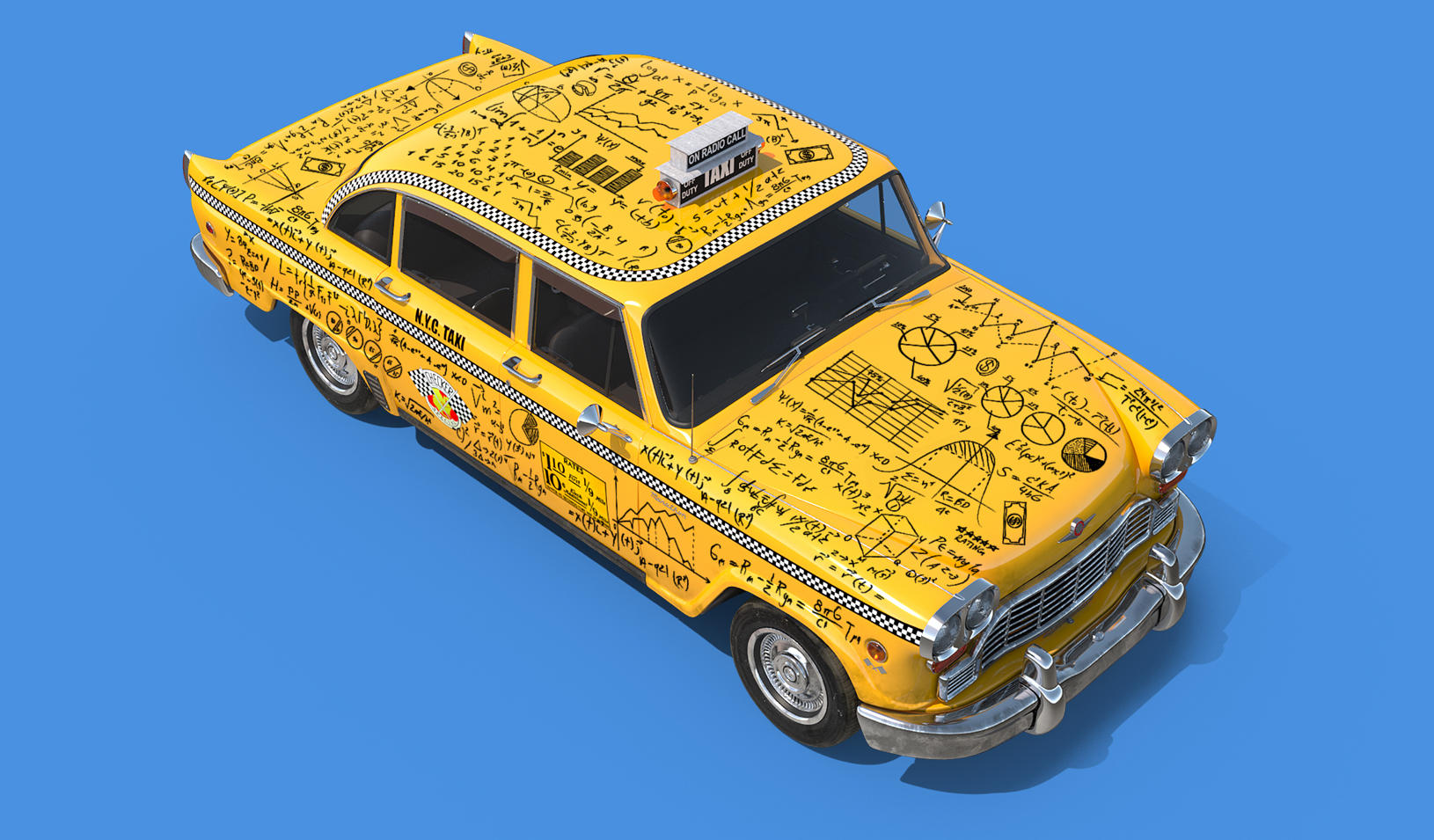 A photo illustration of a yellow taxi cab with hand drawn complex formulas overlaid on top.