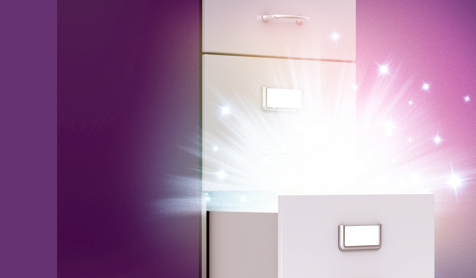 A photo illustration of a standard tall metal file cabinet, with one draw ajar, and a glow and stars exploding from that drawer.