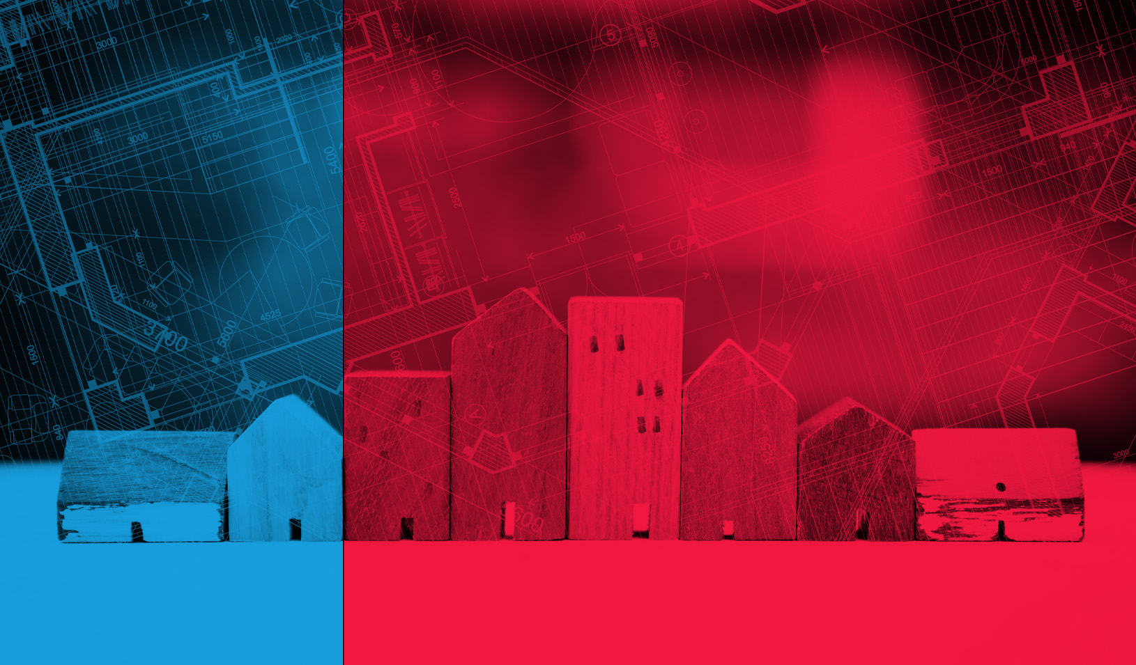 A photo illustration of a row of small wooden houses overlaid with blue and red blocks, and blueprint line art. Credit: iStock/sommart