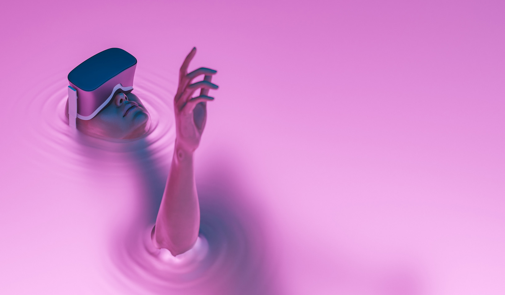 A photo illustration of a girl with VR glasses immersed in pink liquid with neon lighting. Credit: iStock/AntonioSolano