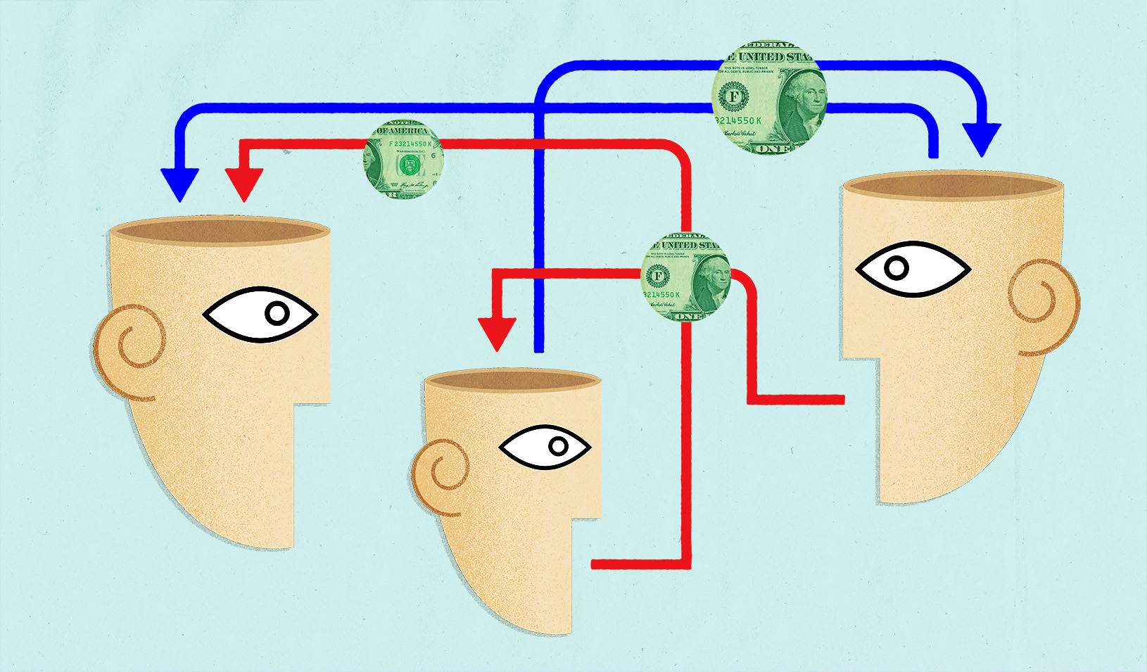 Illustration of three floating heads, with arrows and dollar bills coming out of their heads and mouths to indicate the exchange of ideas and money. Illustration by Cory Hall