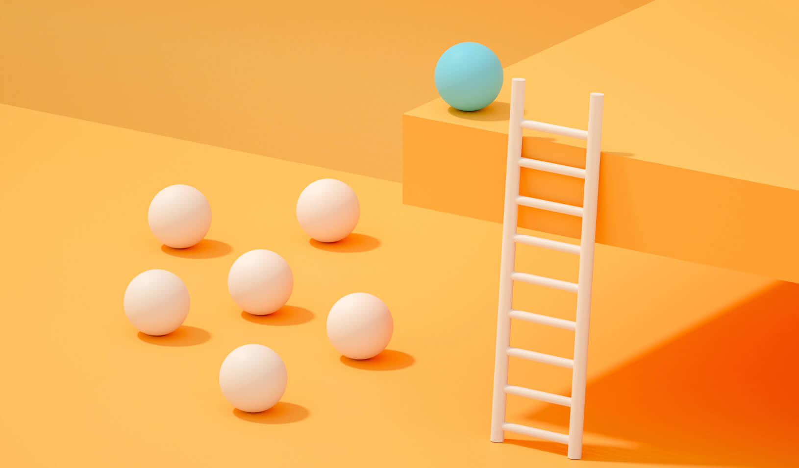 a 3-d rendering of spheres, with one sphere on a top ledge, near the top of a ladder. Credit: iStock/akinbostanci