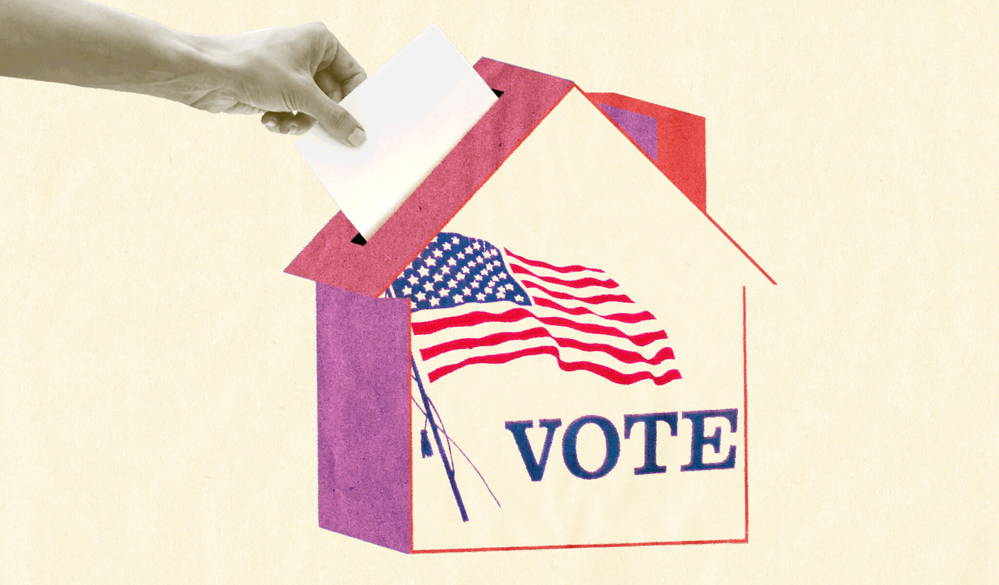 Illustration of a hand reaching out and dropping a ballot into a ballot box shaped like a house, with the word "vote" and an American flag on it. Illustration by Cory Hall