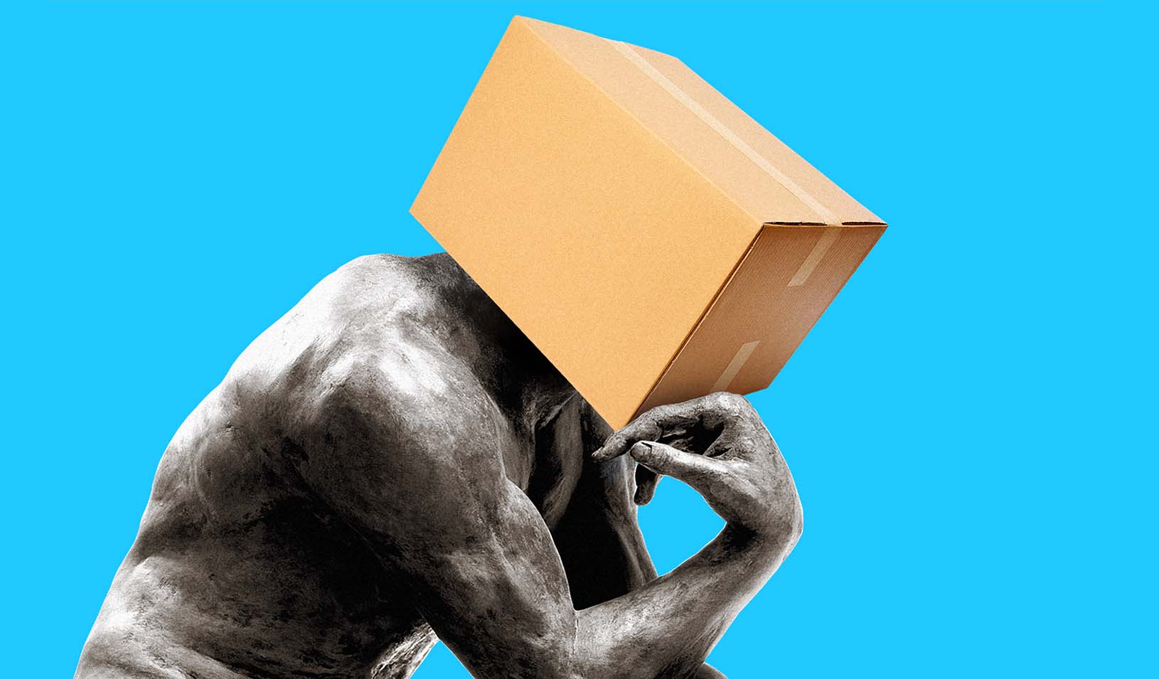 August Rodin's "The Thinker" statue with head covered by cardboard box. Illustration by Alvaro Dominguez