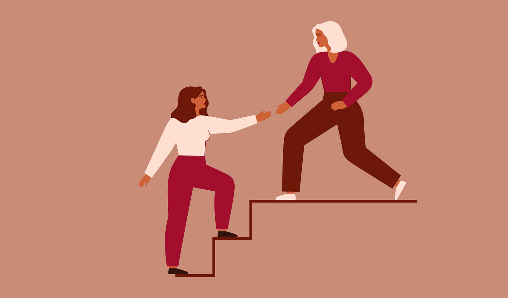 Illustration of two women on a staircase, one is reaching toward the other one to help lead her up the stairs. iStock/Ponomariova_Maria