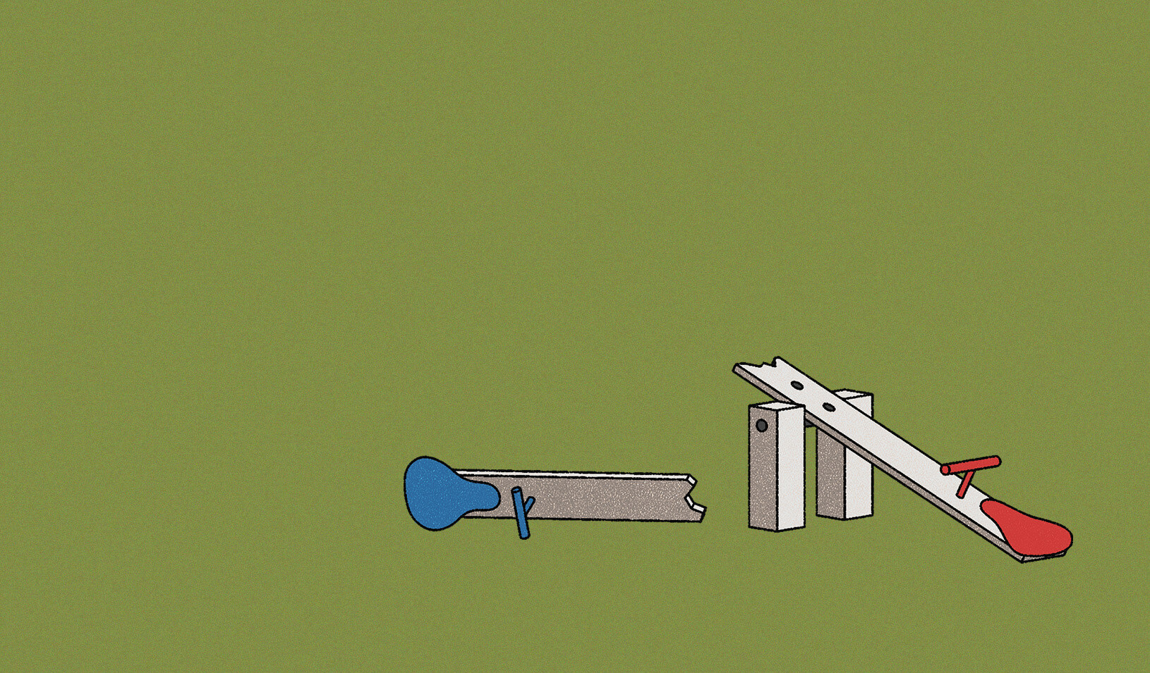 Illustration of a broken see-saw. One seat is blue and white stars from the American flag, the other seat is red and white stripes from the American flag. Illustration by Álvaro Bernis