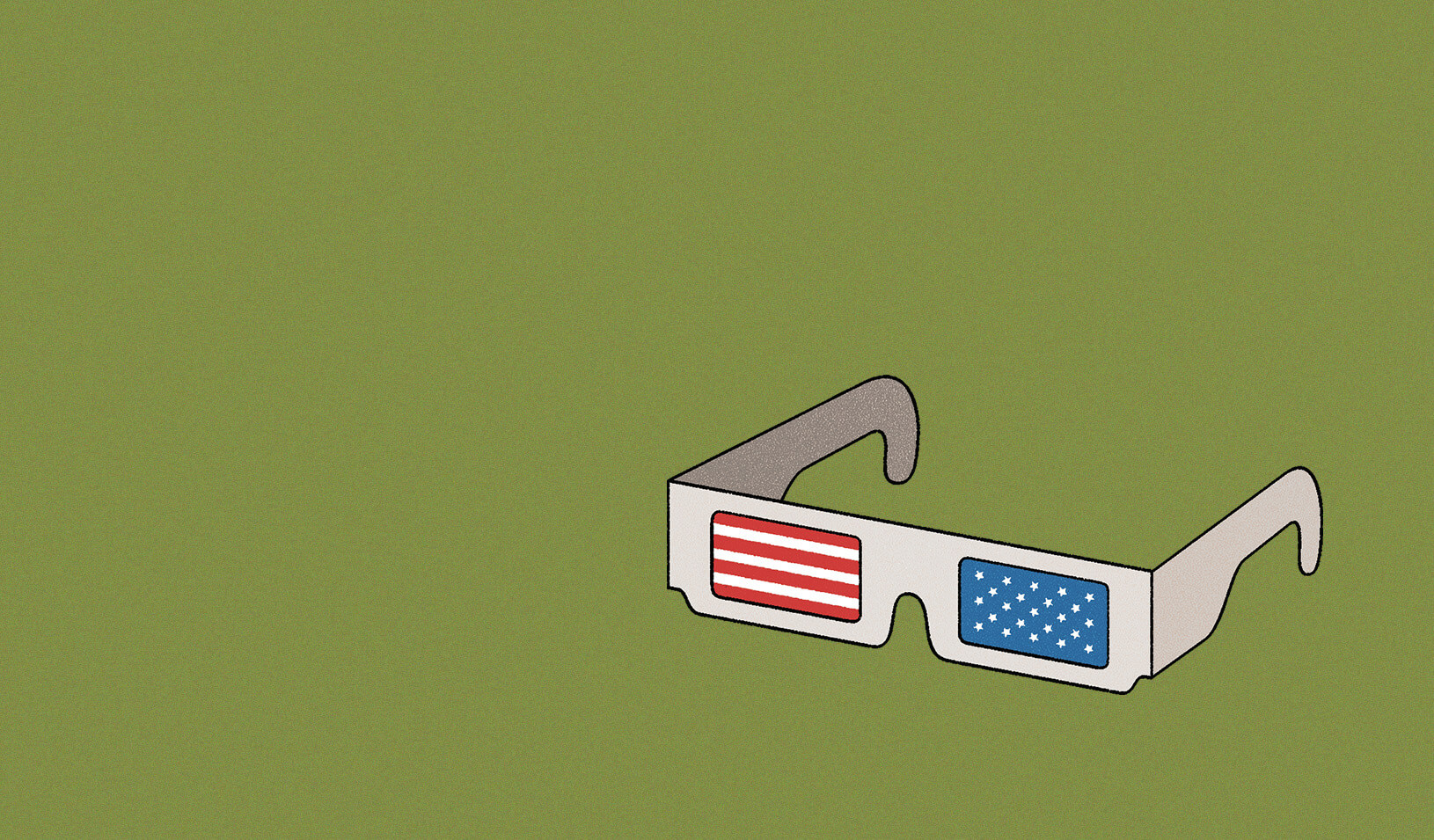 Illustration of 3-d glasses, one lens has the red and white stripes from the American flag, the other lens has the blue and white stars from the American flag. Illustration by Álvaro Bernis