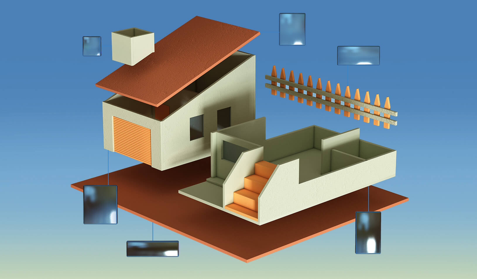 Futuristic illustration of a house is floating, with walls, windows, and rooftop coming apart to give the impression of examining different parts of the house. Illustration by Khyati Trehan