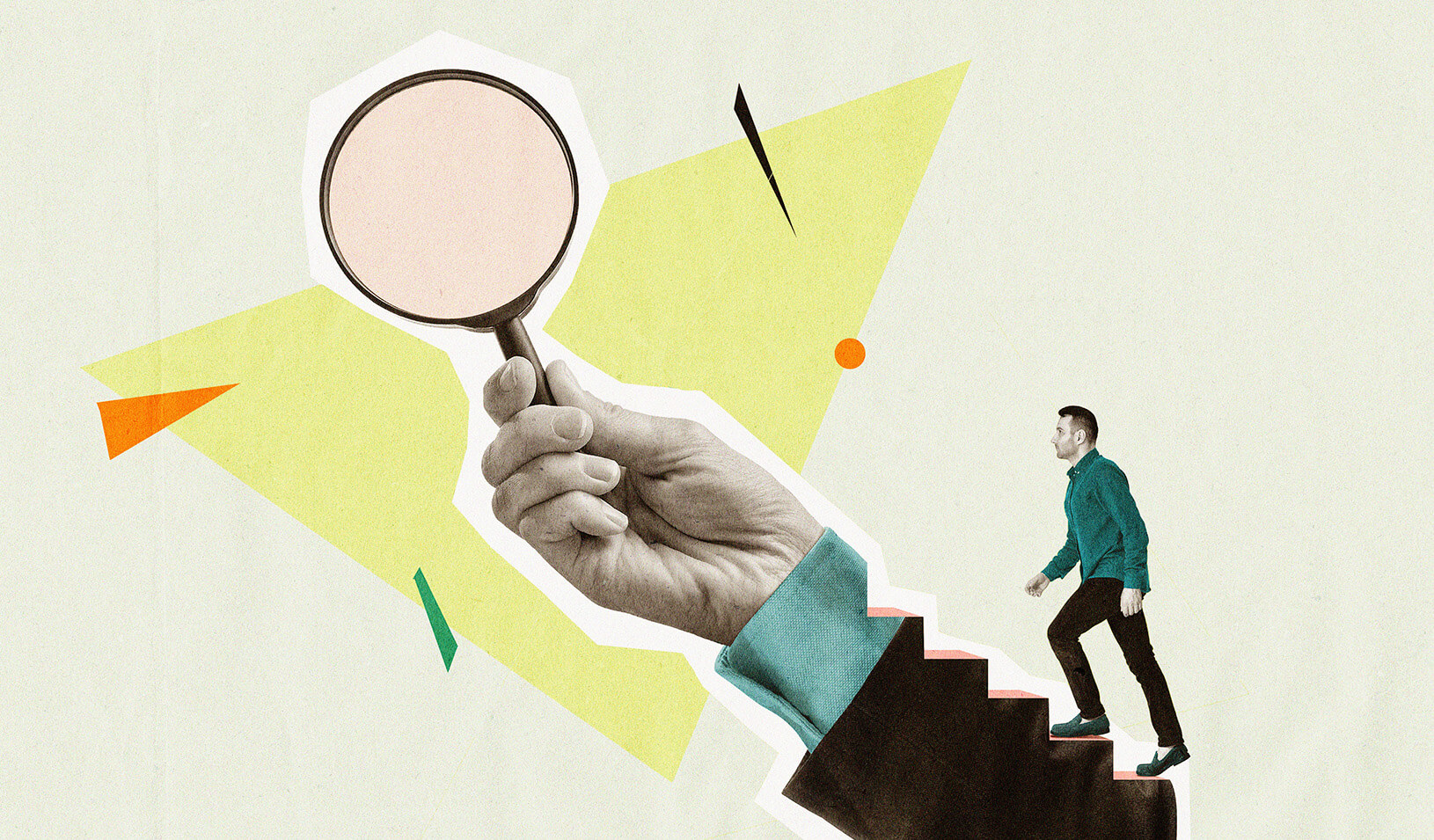 llustration of an outstretched arm holding a magnifying glass, and a man walking up the arm toward it. iStock/SvetaZi