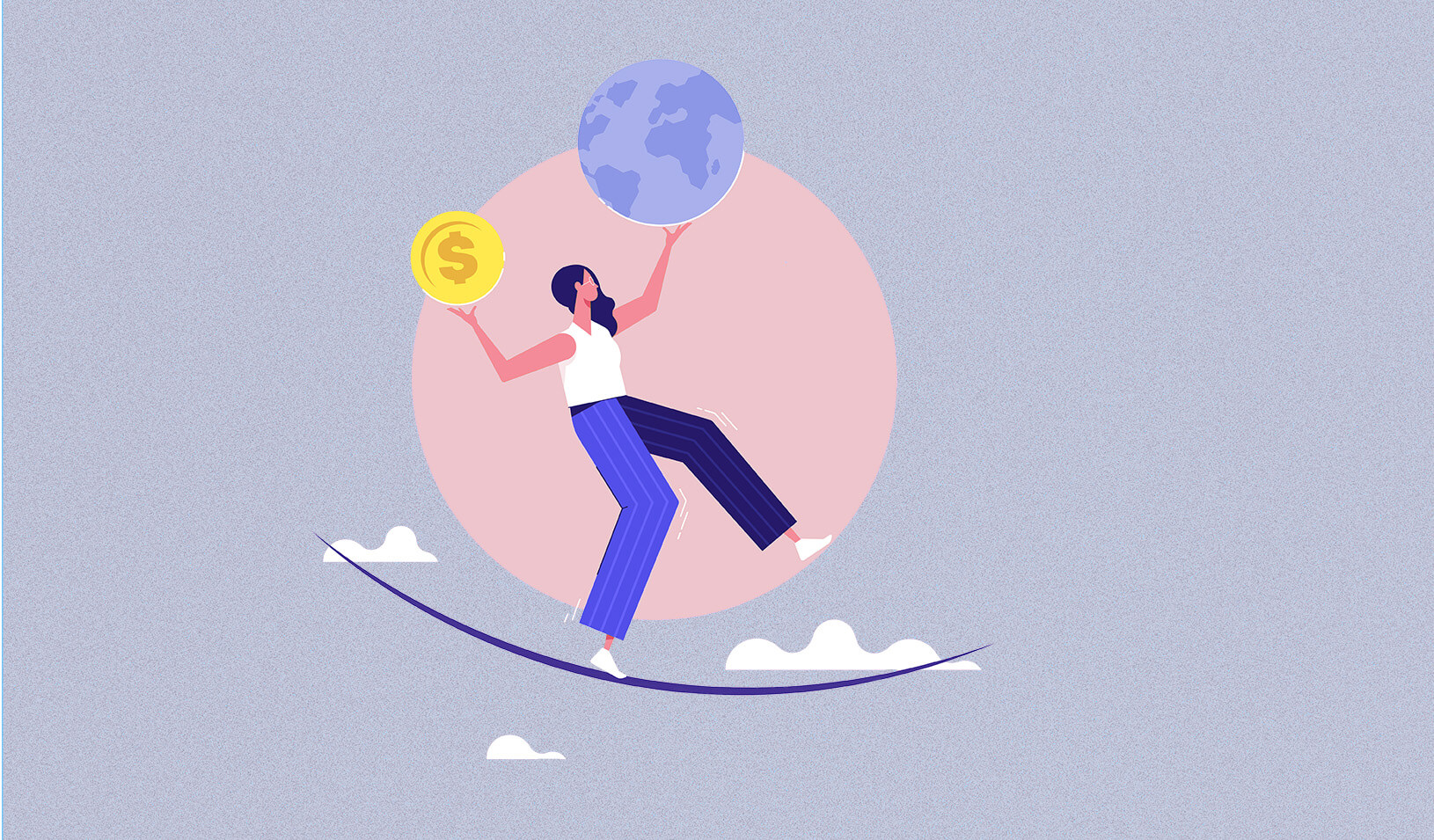 Illustration of young woman balancing on a tightrope with a coin in one hand and a globe in the other hand. Credit: iStock/treety