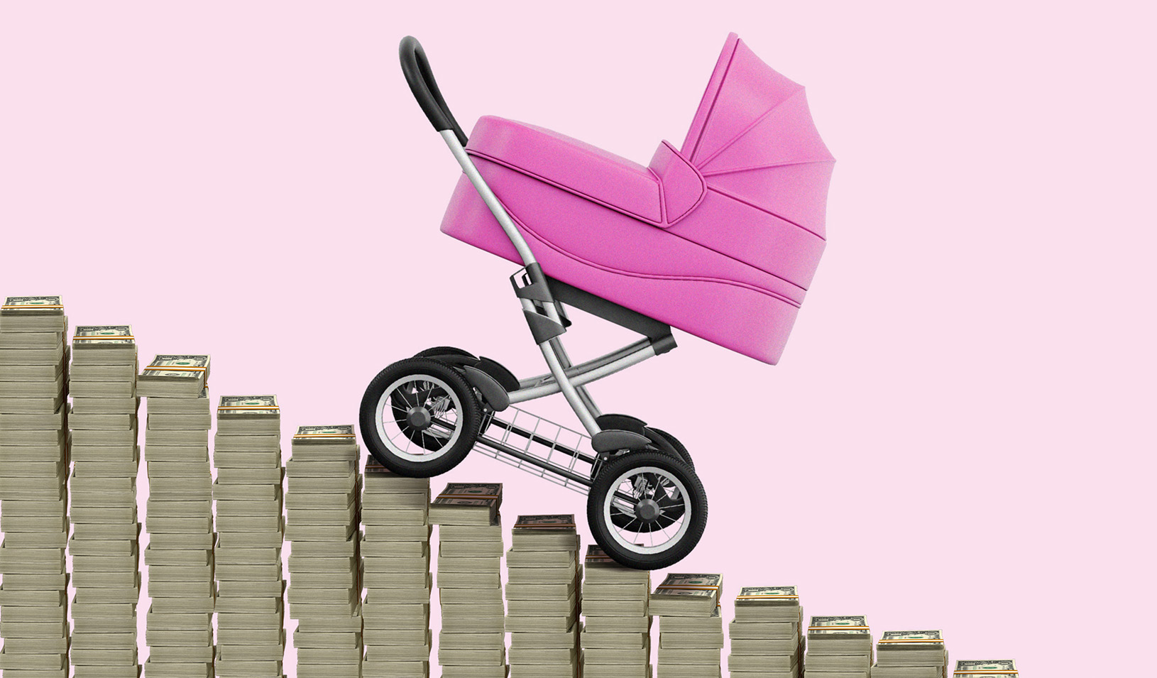 A pink baby stroller rolling down a hill made of stacks of money.