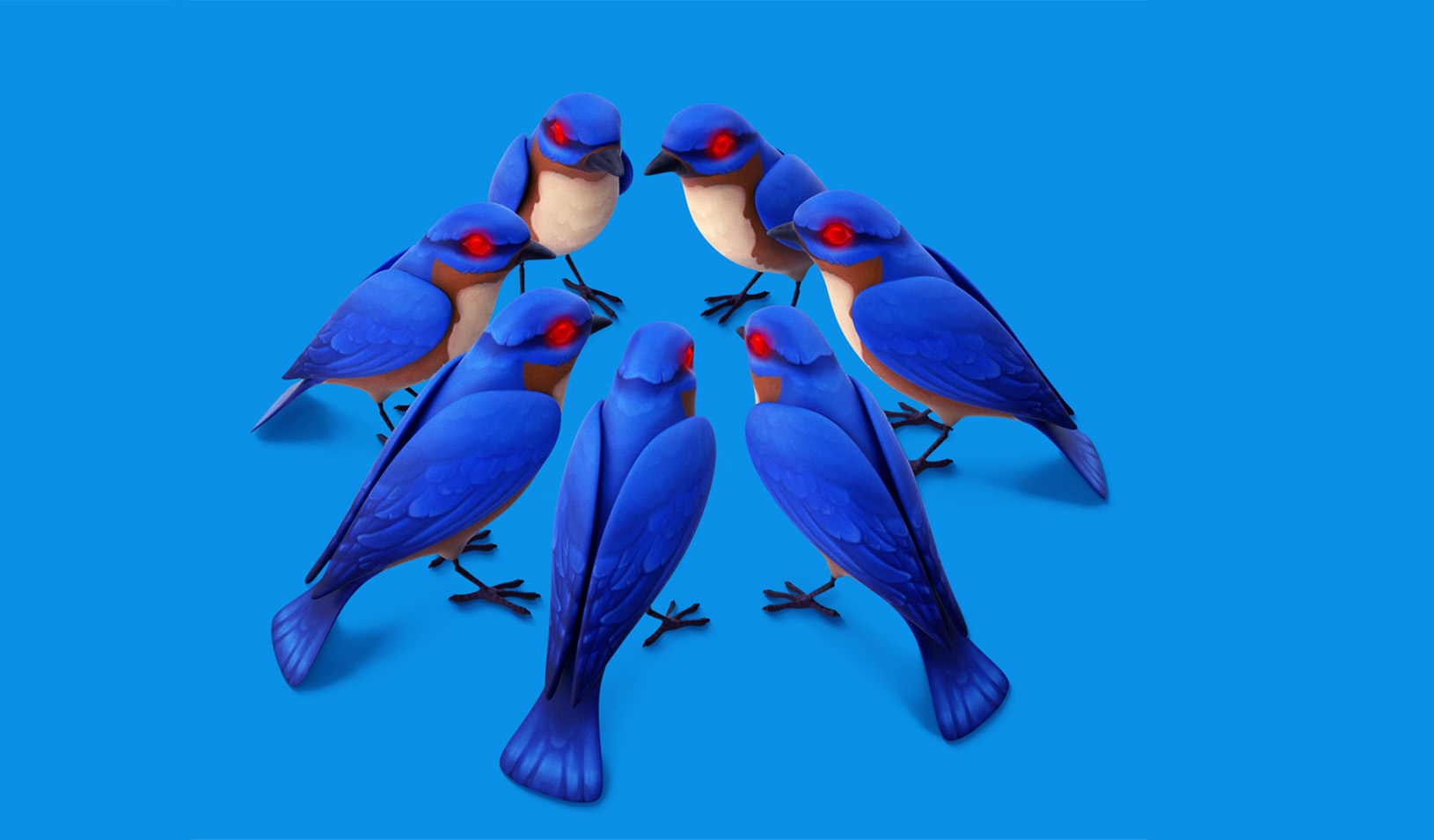 Illustration of blue birds with red eyes facing each other in a circle. 