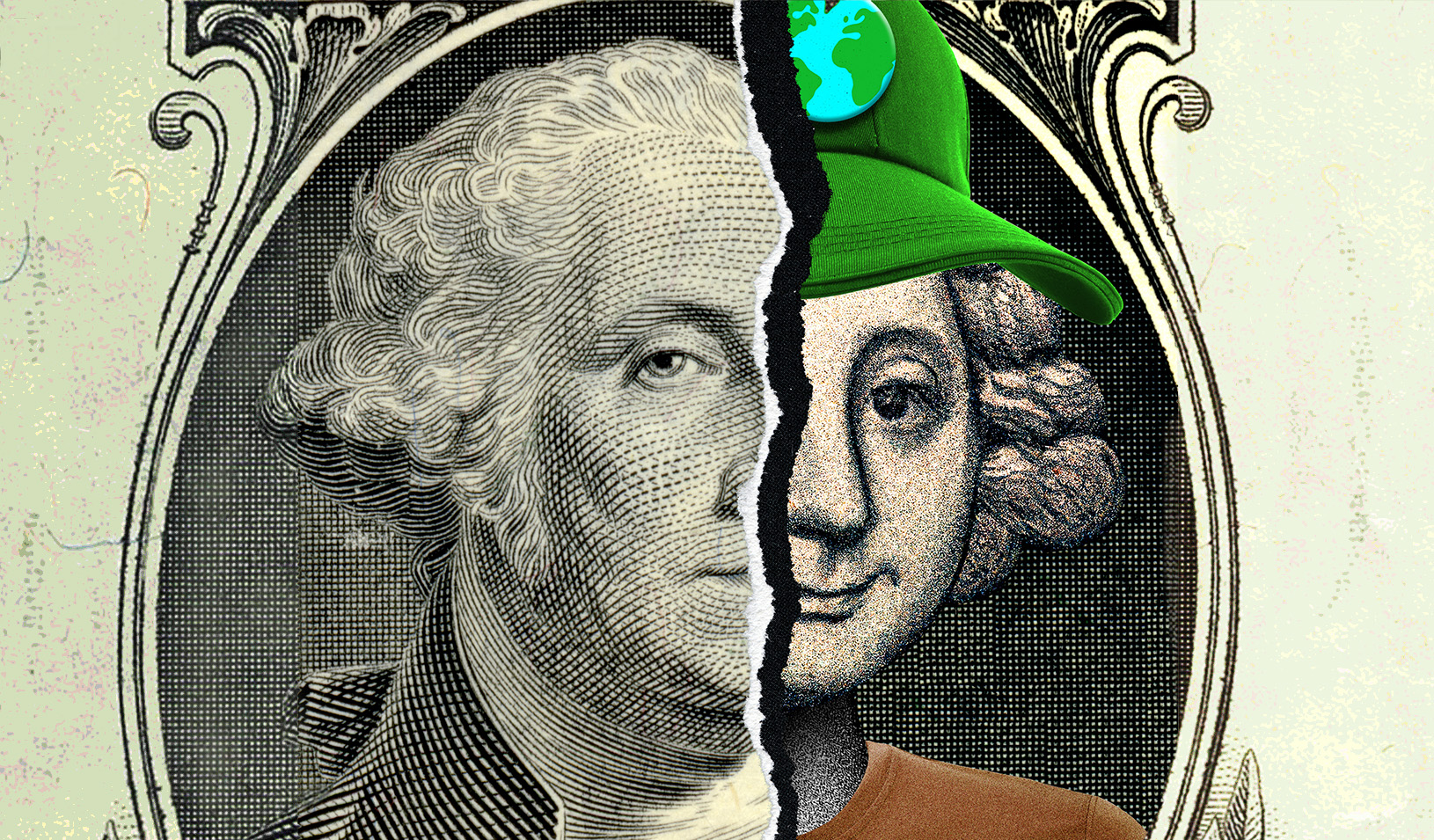 Illustration of a dollar bill showing half of George Washington's face and half of an illustration of a cartoon version of George Washington wearing a green hat and brown tee shirt. 