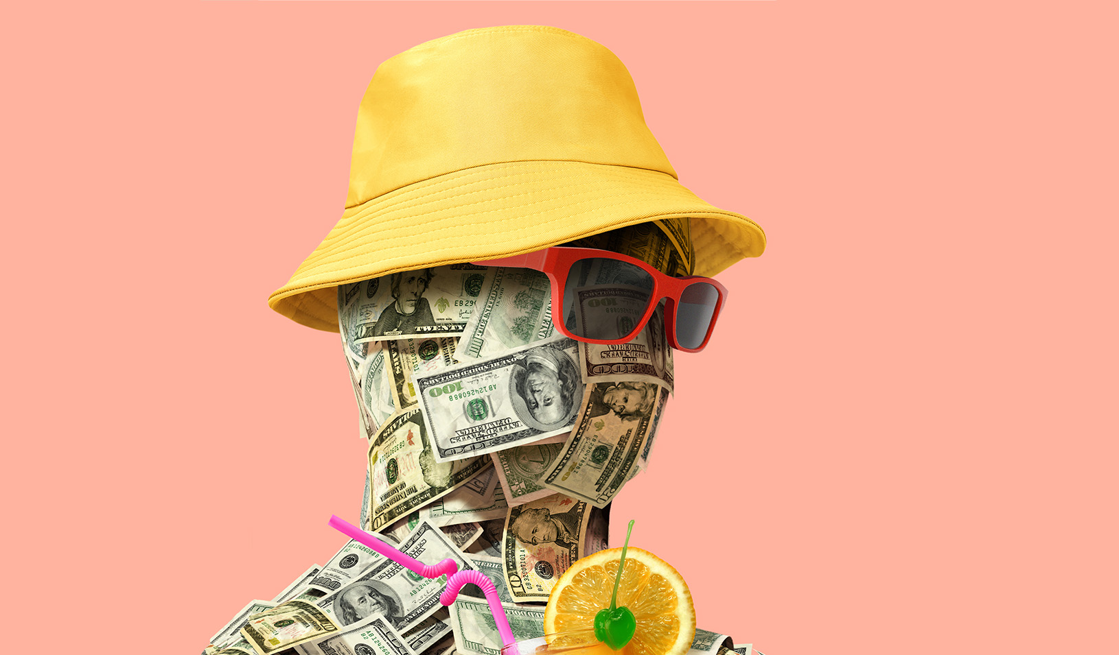 A person made of money wearing a hat and sunglasses holding a tropical drink. 