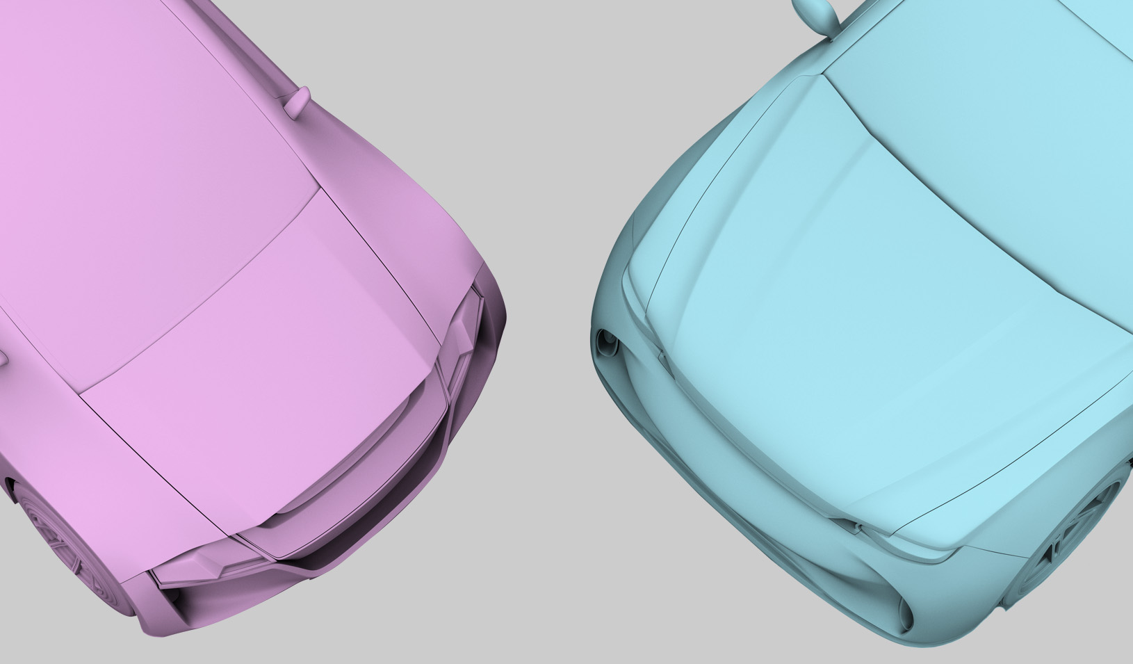 A photo-illustration overhead shot of two self-driving cars, colorized as pink and blue. Credit: iStock/Chesky_W