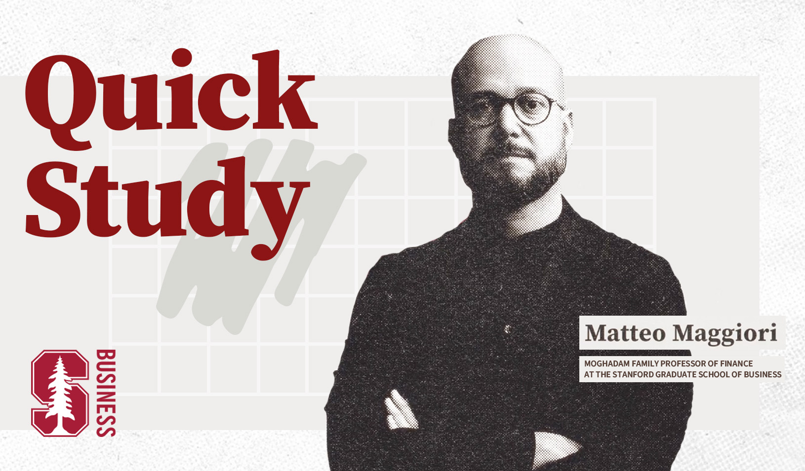 A video still of the opener showing a photo-illustration of Matteo Maggiori and the title "Quick Study"