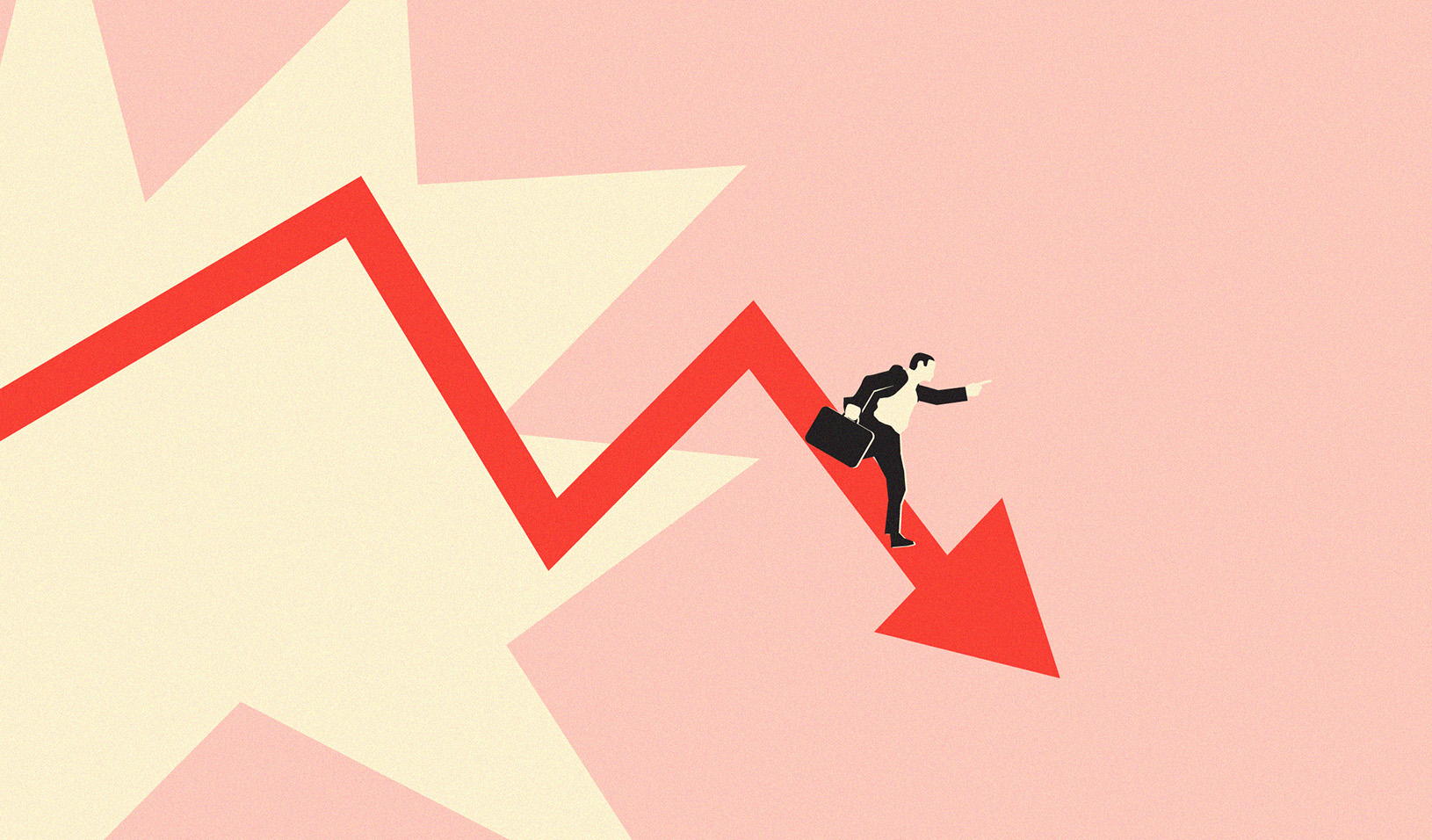 Illustration of a businessman riding a crashing stock line.