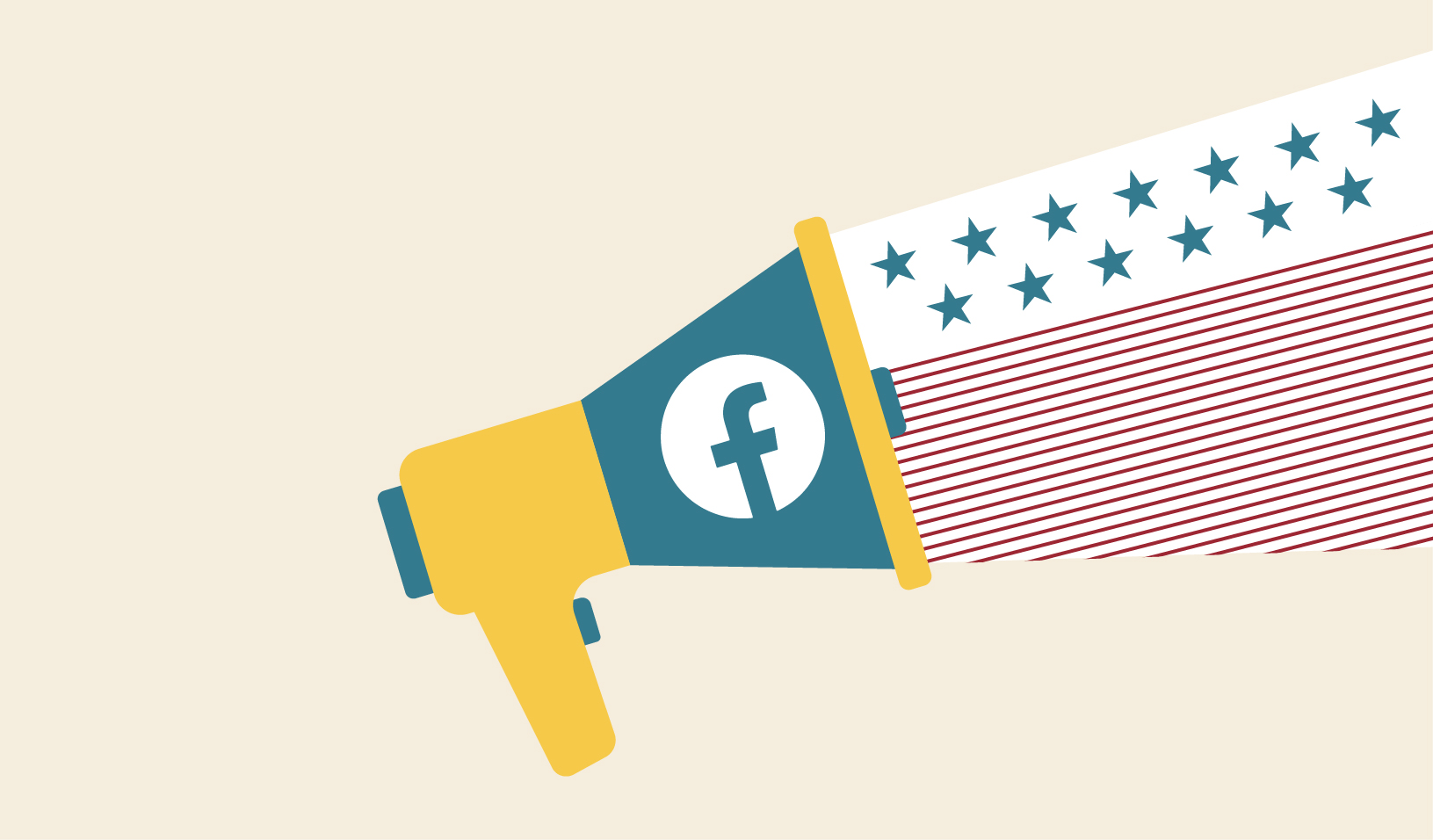 Illustration of a blow horn with the facebook logo on it, with stars and stripes coming out.