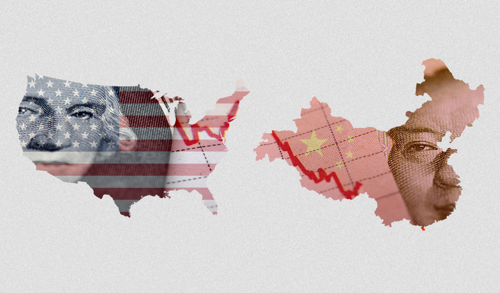 illustration of the United States map with overlay of the dollar bill and an economic chart next to a map of China with an overlay of the Chinese yuan and an economic chart