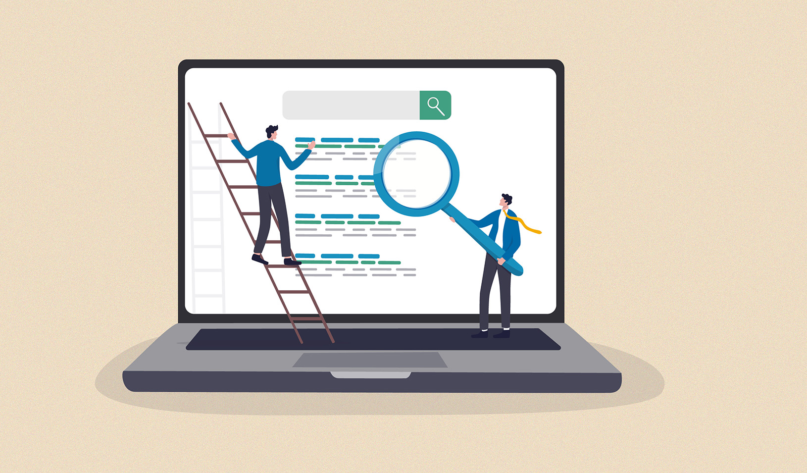 illustration of two people standing on a giant laptop, one holding a magnifying glass up to the search engine bar, the other on a ladder pointing at a search engine result. 