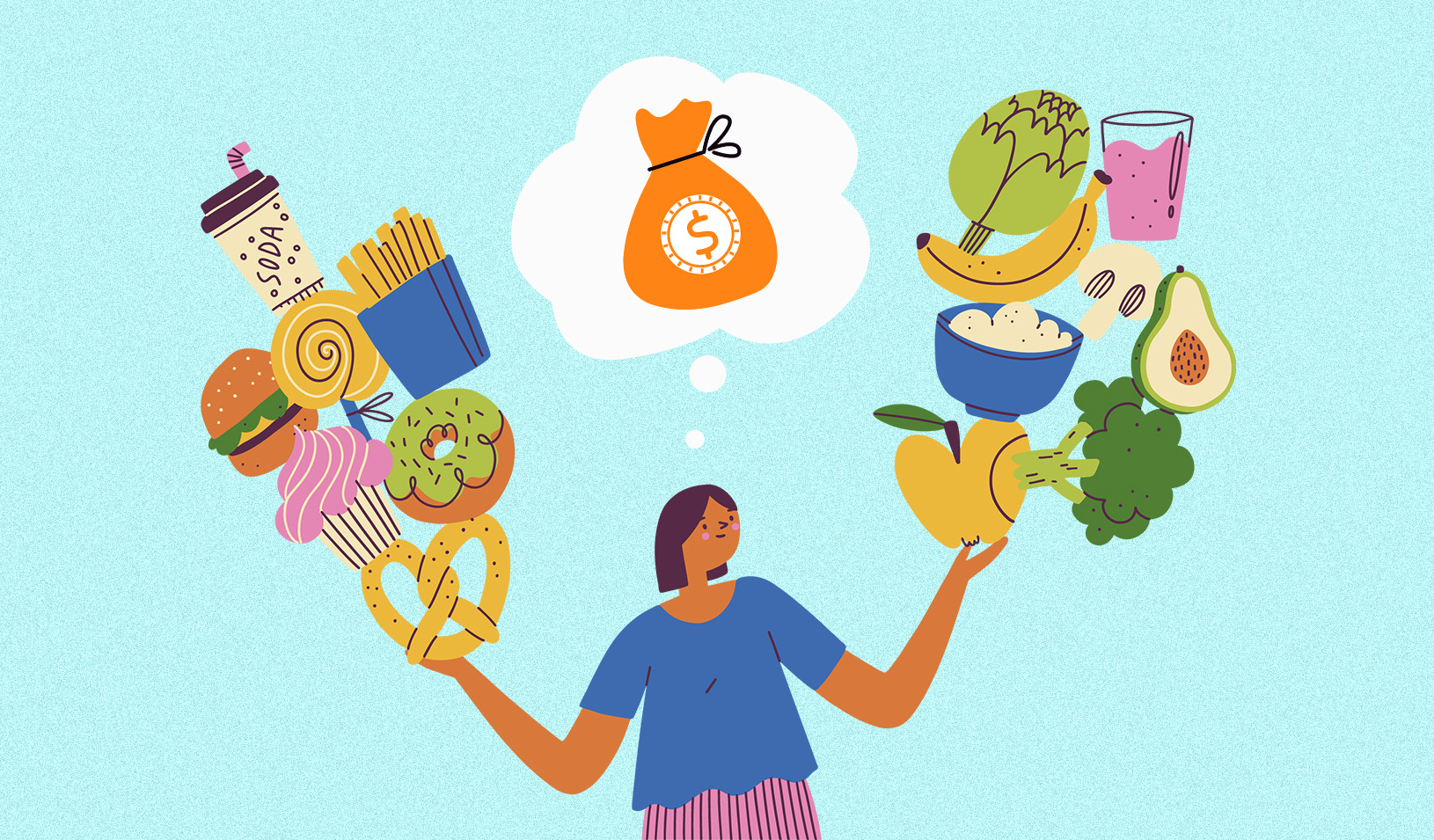 colorful illustration of a young person holding and looking at a stack of health food in their left hand and holding a stack of junk food in their right hand, while thinking about money. 