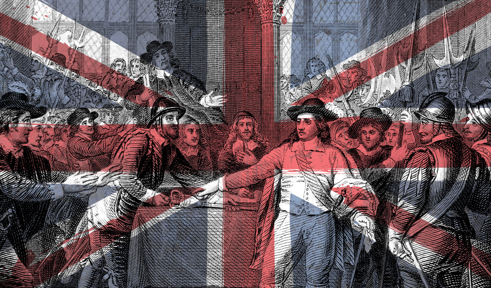 An illustration of the Union Jack flag overlayed with British revolutionaries taking the scepter from King Charles I