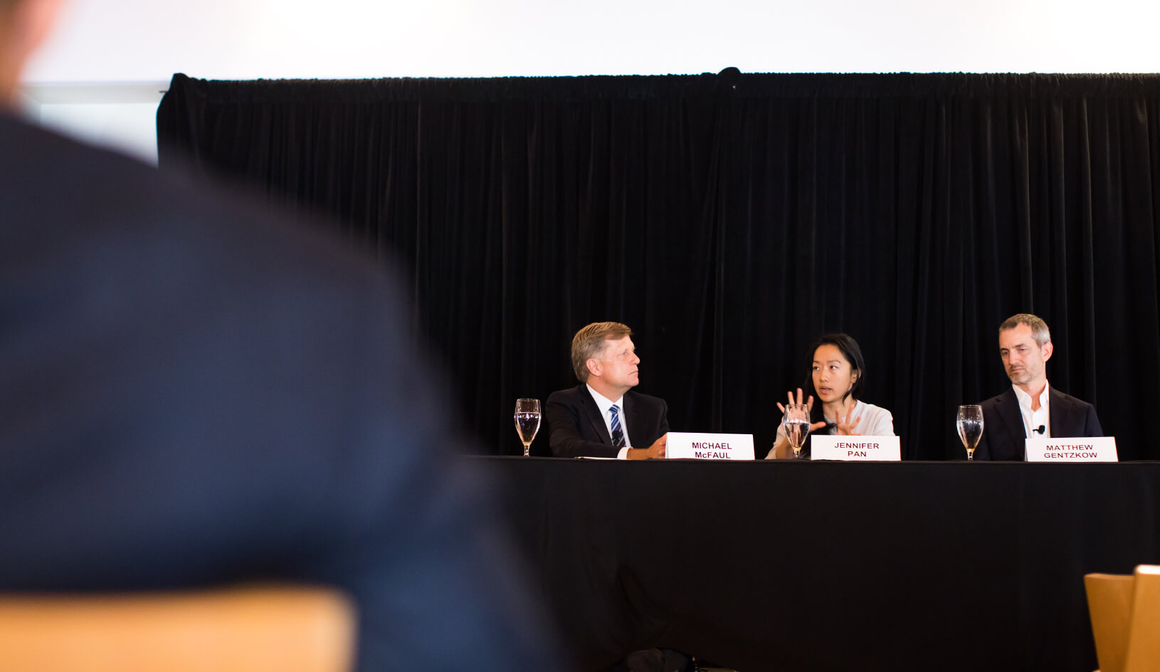 Panelists from left to right: Michael McFaul, Jennifer Pan, Matthew Gentzkow. Credit: Holly Hernandez