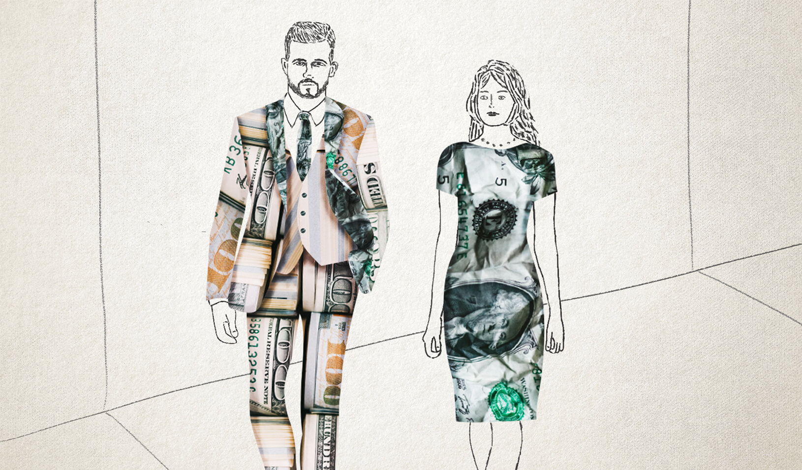 An illustration of a man and a woman clothed in money. | Stefani Billings