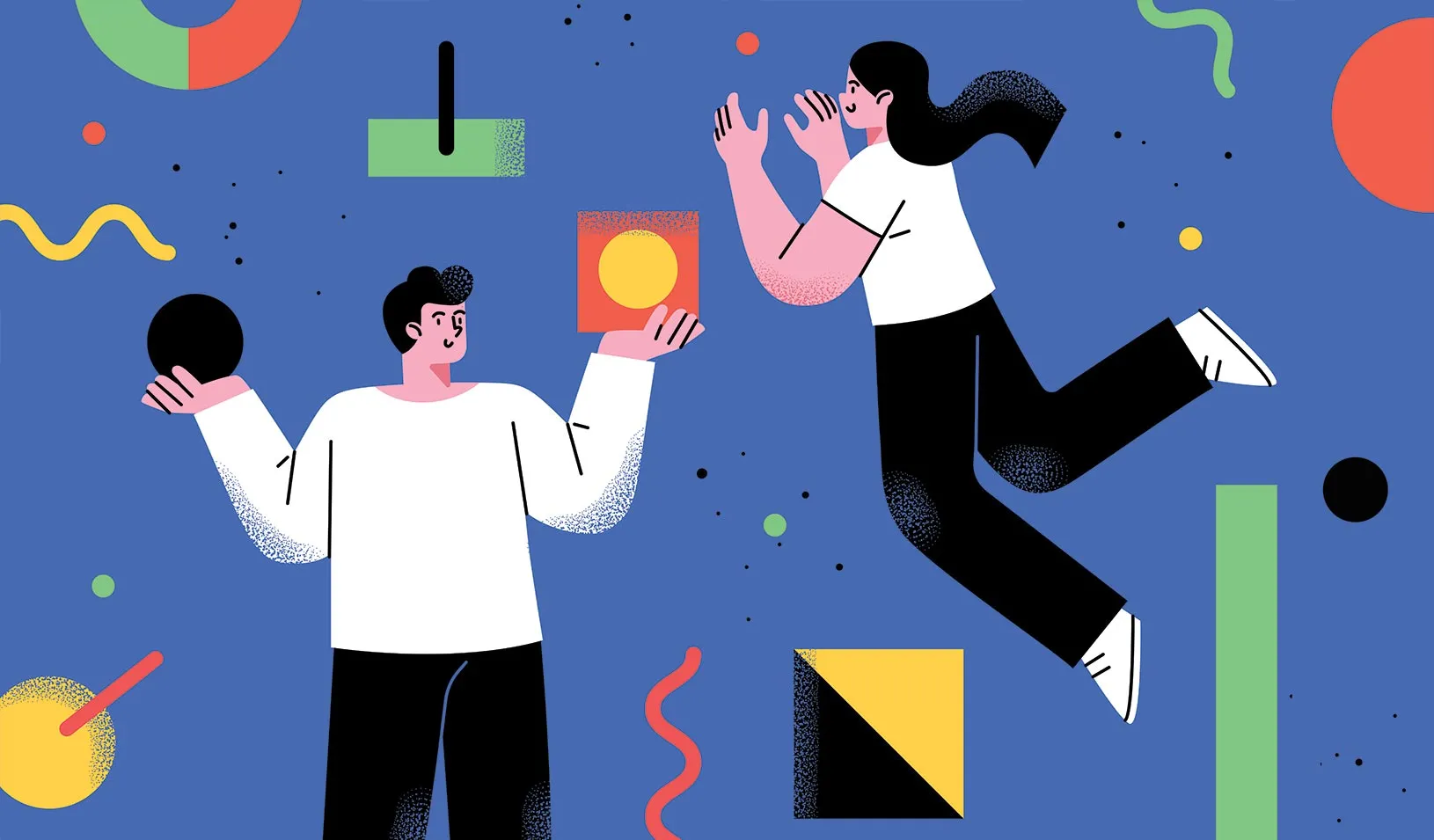 Colorful illustration of two entrepreneurs interacting with shapes and charts, surrounded by squiggle lines, circles and squares. | Credit by iStock/stonepic.