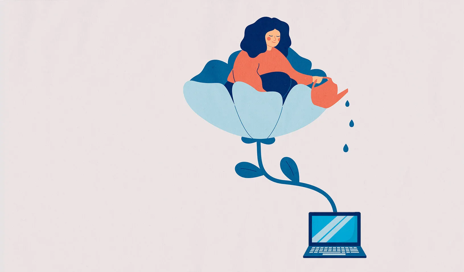 Illustration of a woman sitting on top of a flower that is growing out of a laptop computer. The woman is using a watering can to water the laptop. iStock/Ponomariova_Maria/Cory Hall