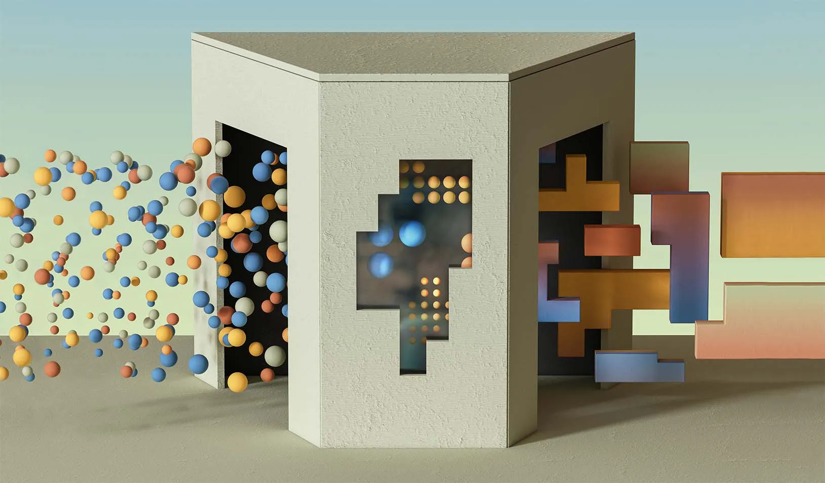 Illustrated shapes floating outwards left and right from a central structure. Illustration by Khyati Trehan.