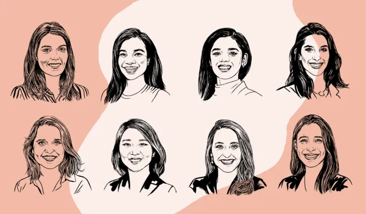 Top row: Ali Lauer, Jenny Zhou, Zeinab Aboud, Jéssica Leão. Bottom row: Jane Conroy, Juli (Hye Ryeong) Cho, Janna Wandzilak, Alexa Grabell. Credit: Illustrations by Agata Nowicka.