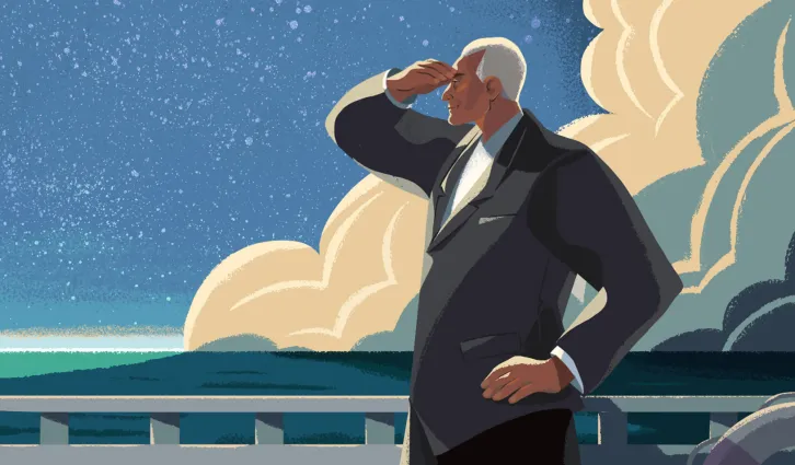 Illustration of a man in a suit standing on a ship deck, with his hand above his eyes, looking out over a dark ocean. Credit: Kim Salt