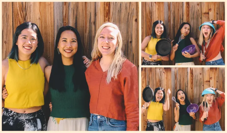 Goofy group portraits of the Class of 2021 MBA Cookbook, laughing and posing with kitchen appliances. From left to right: Beverley See, Whitney Chu, Lauren Phelps