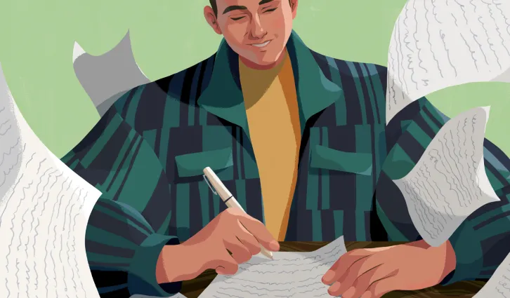 An illustration of a male figure writing while papers fly up around him. | Credit: Illustration by Kim Salt.