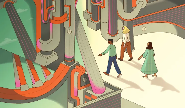 Colorful illustration of three people walking through a dark and slightly ominous doorway surrounded by large intertwining pillars. Illustration by Dalbert Vilarino