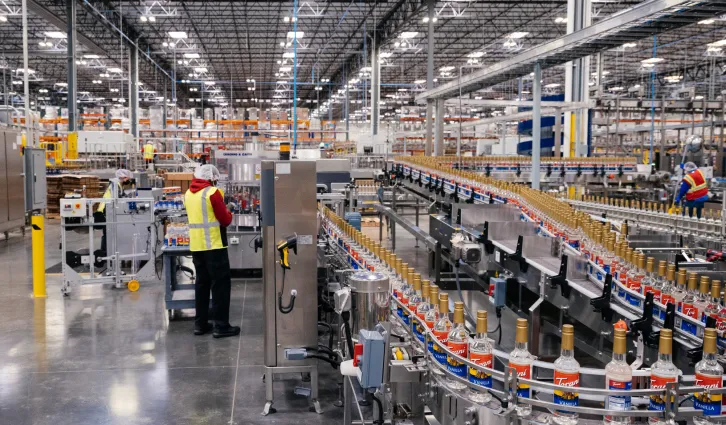 a photograph of the bottling line at the Torani syrup factory. Credit: Elena Zhukova