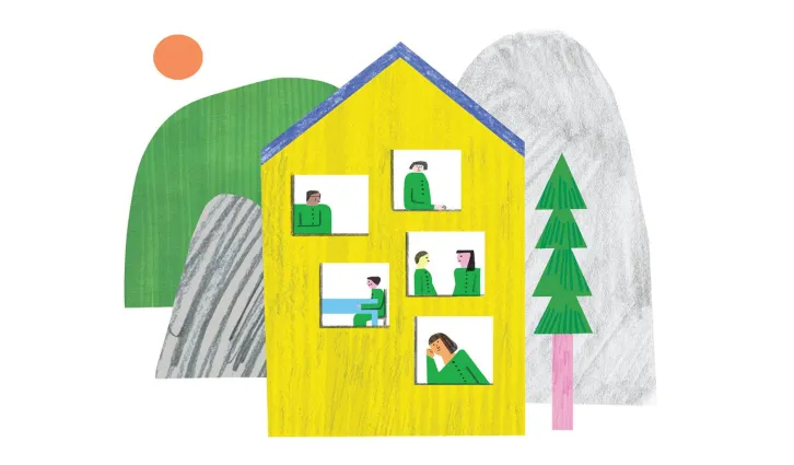  Illustration of a house surrounded by trees and large boulders. Within the house are people in various rooms. Credit: Irene Servillo