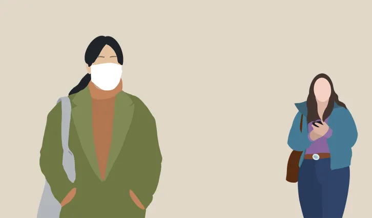 An illustration of two women, one wearing a medical face mask, and the other not wearing a mask, moving away from each other. Credit: iStock/Ada Yokota