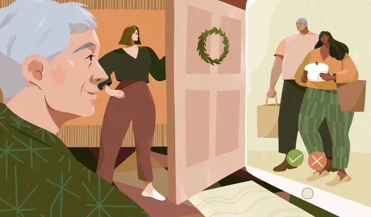 An illustration showing a couple opening the door to their home to see another couple on an iPad screen. Credit: Illustration by Kimberly Salt