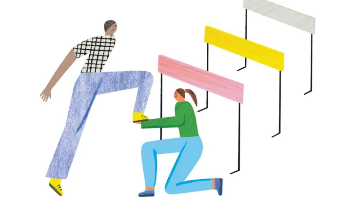 Illustration of two track runners, where one of the runners is helping the other runner leap over a hurdle. Credit: Irene Servillo