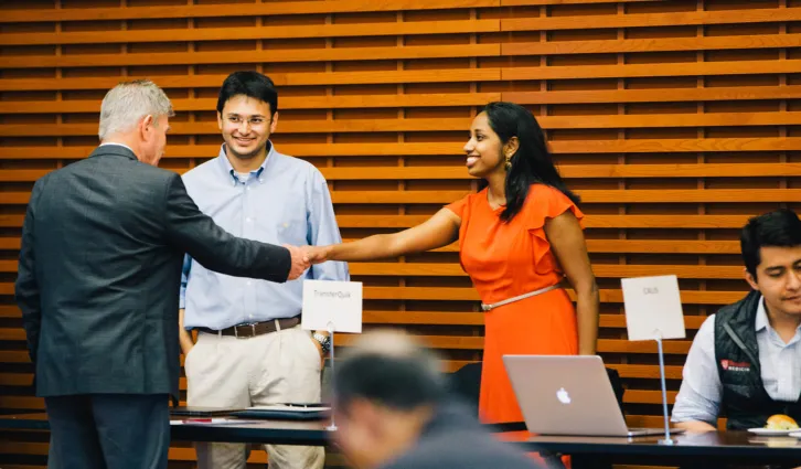 Aditya Ranjan, MBA ’19 and Sneha Iyer, MA ’19, presented their startup at Stanford Venture Studio's Demo Day. | Elena Zhukova