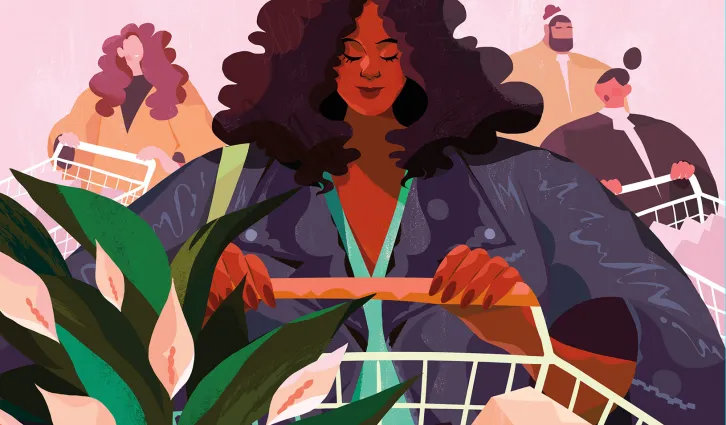 Illustration of woman pushing a shopping cart and looking peaceful. Credit: Kim Salt