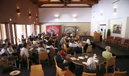 View of a large conference from the back corner of a conference room