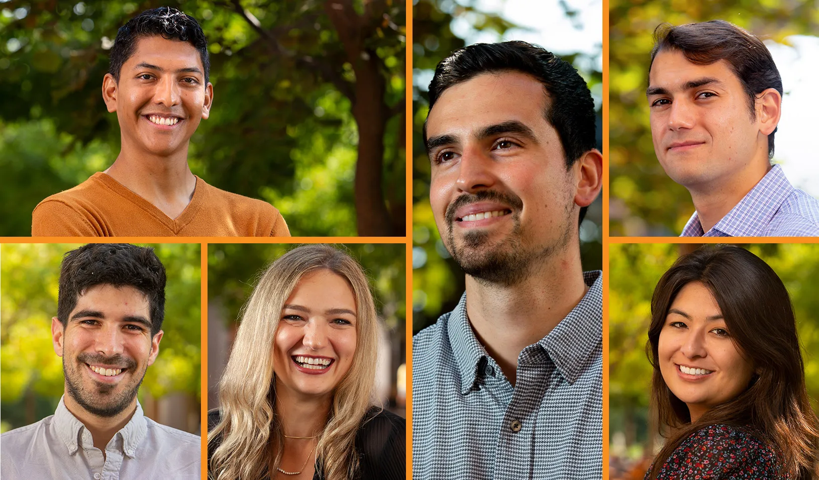 Photo compilation of MBA 2022 HBSA students. Top row: Ricardo Rosales, Omar Garza, Mario Del Cueto. Bottom Row: Julian Atehortua, Stephanie Grayson, Katy Honda. | Saul Bromberger & Sandra Hoover Photography